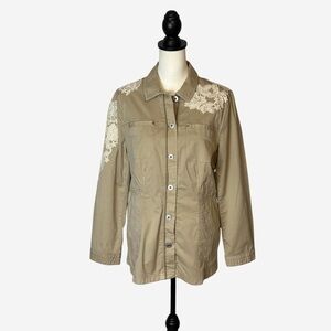 Chicos Lace Utility Jacket Pockets Tan